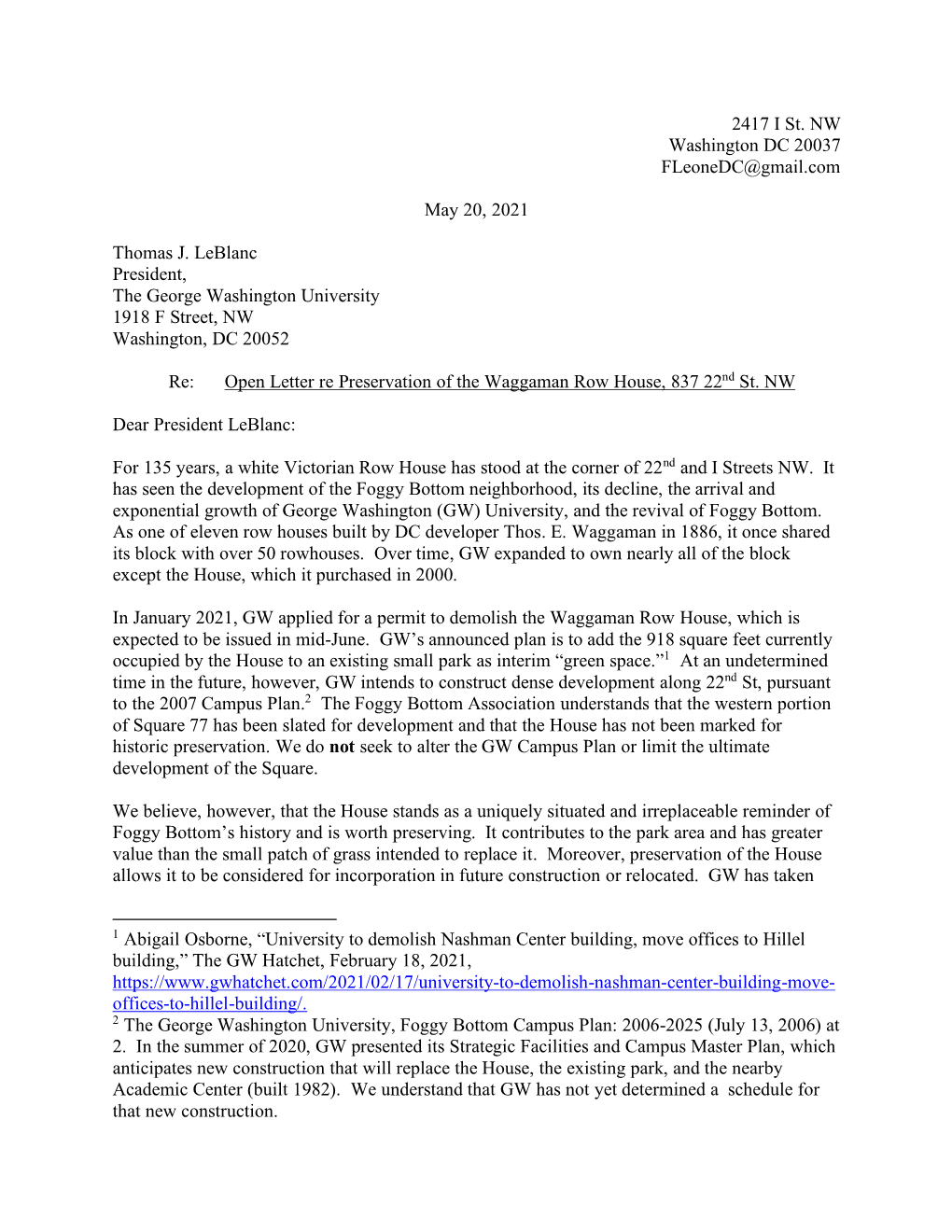 2417 I St. NW Washington DC 20037 Fleonedc@Gmail.Com May 20, 2021 Thomas J. Leblanc President, the George Washington University