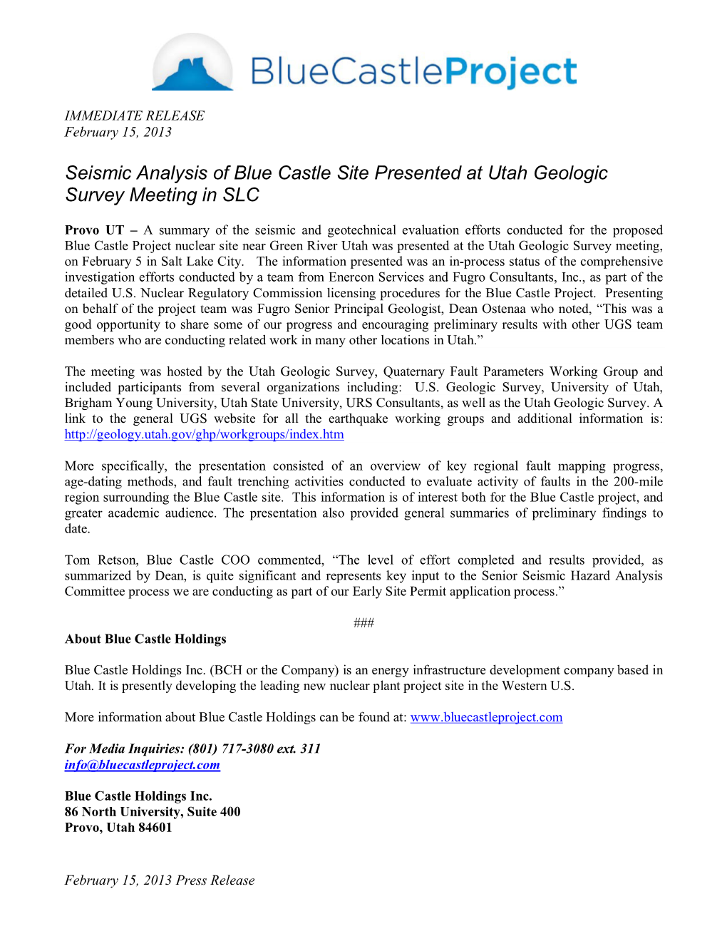 Seismic Analysis of Blue Castle Site Presented at Utah Geologic Survey Meeting in SLC