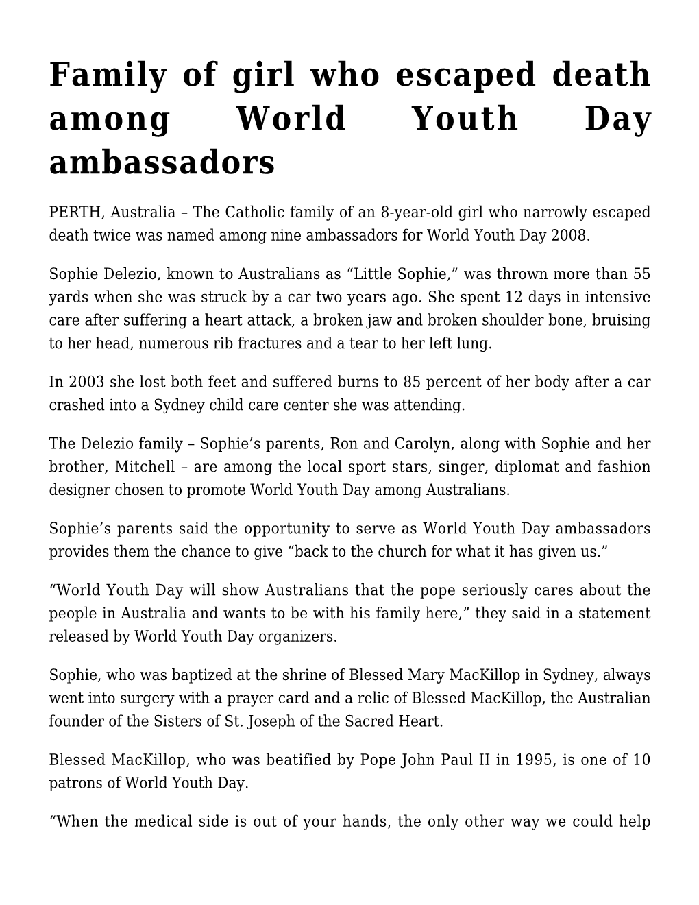 Family of Girl Who Escaped Death Among World Youth Day Ambassadors