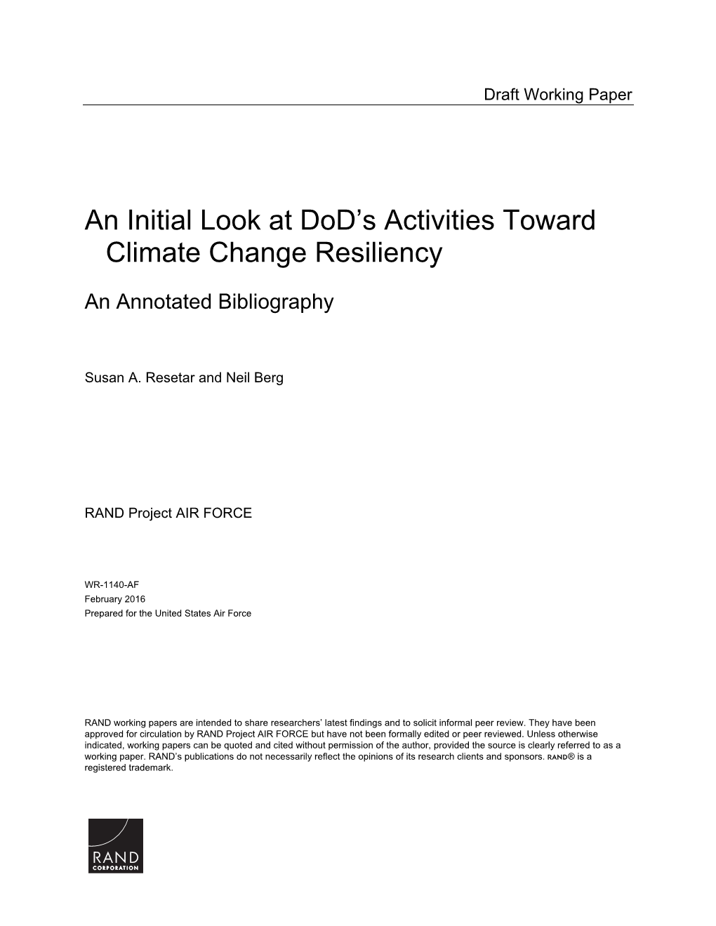 An Initial Look at Dod's Activities Toward Climate Change Resiliency