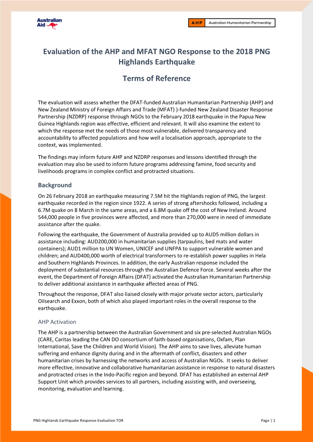 Evaluation of the AHP and MFAT NGO Response to the 2018 PNG Highlands Earthquake Terms of Reference