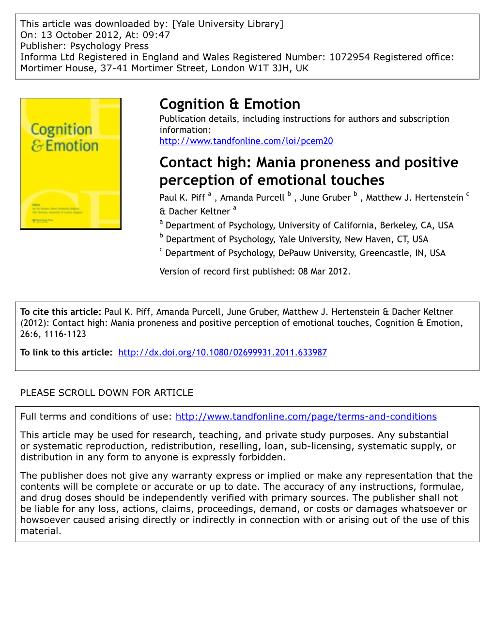 Contact High: Mania Proneness and Positive Perception of Emotional Touches Paul K