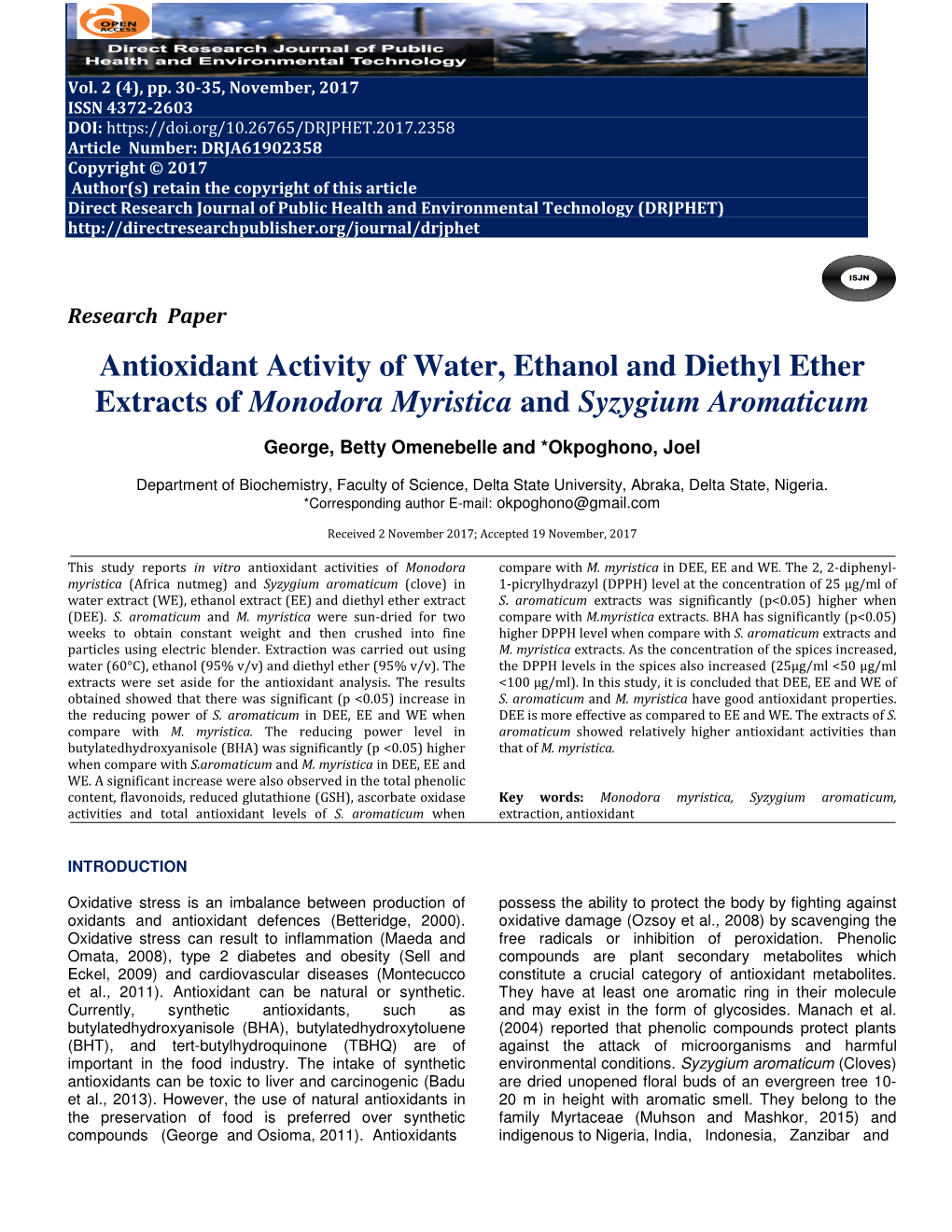 Antioxidant Activity of Water, Ethanol and Diethyl Ether Extracts of Monodora Myristica and Syzygium Aromaticum