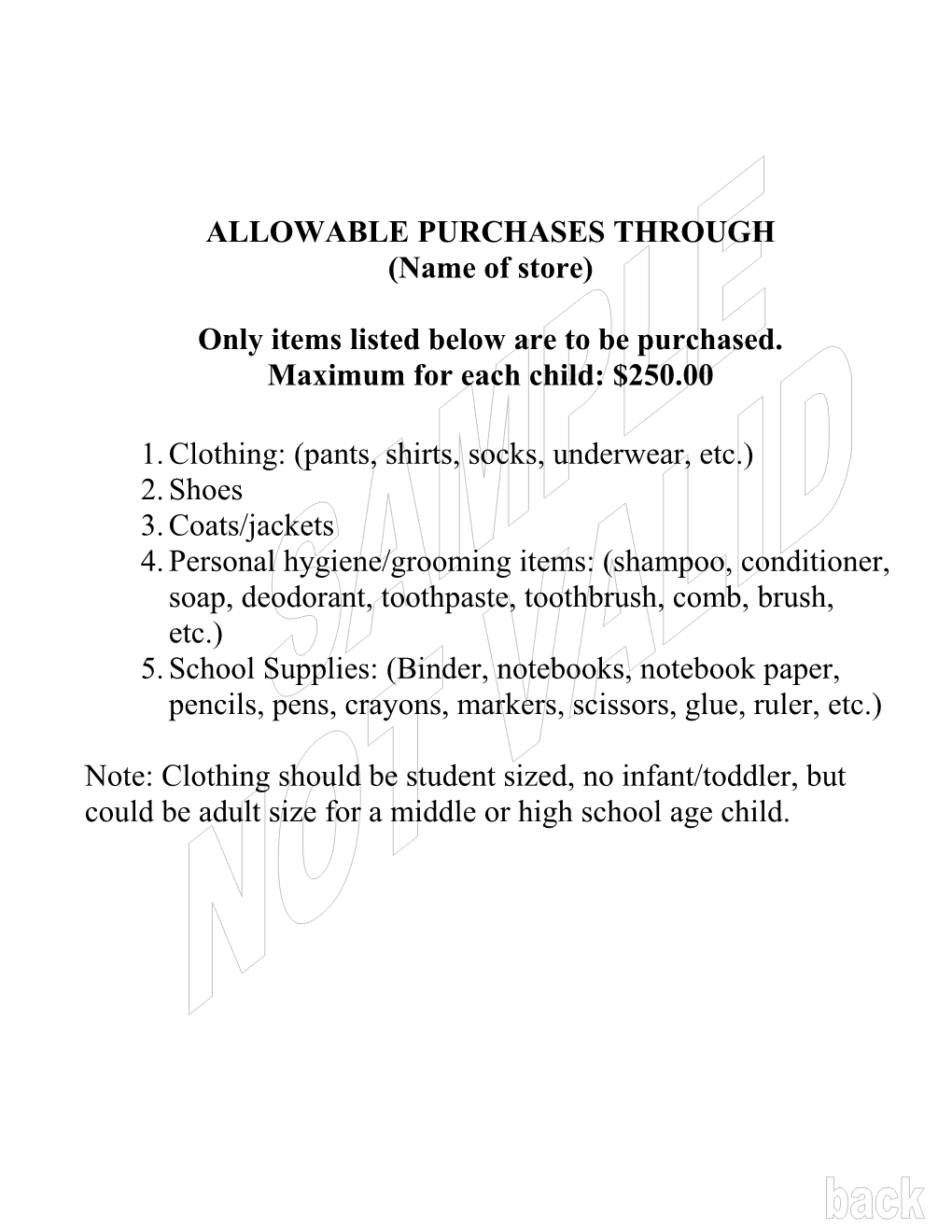 Allowable Purchases Through