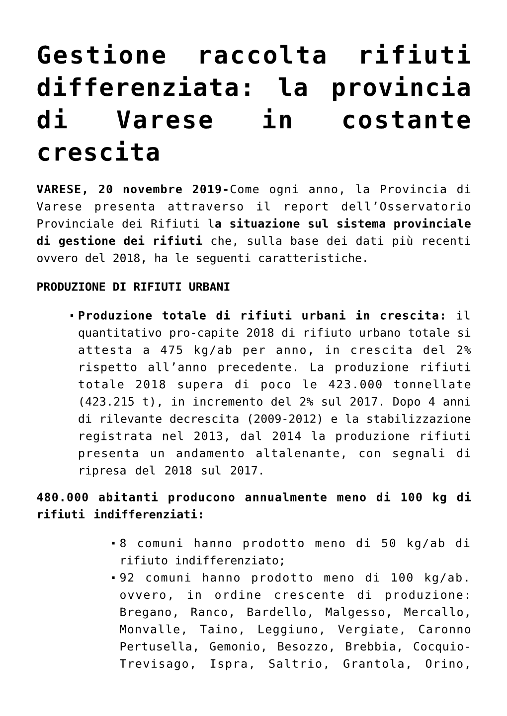 Gestione Raccolta Rifiuti Differenziata: La Provincia Di Varese in Costante Crescita