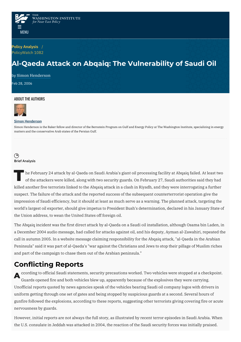 Al-Qaeda Attack on Abqaiq: the Vulnerability of Saudi Oil by Simon Henderson