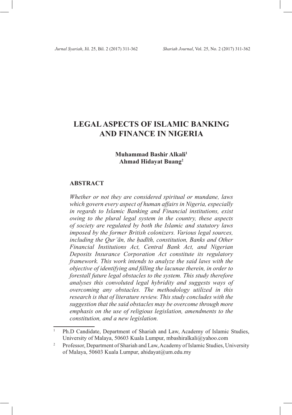 Legal Aspects of Islamic Banking and Finance in Nigeria