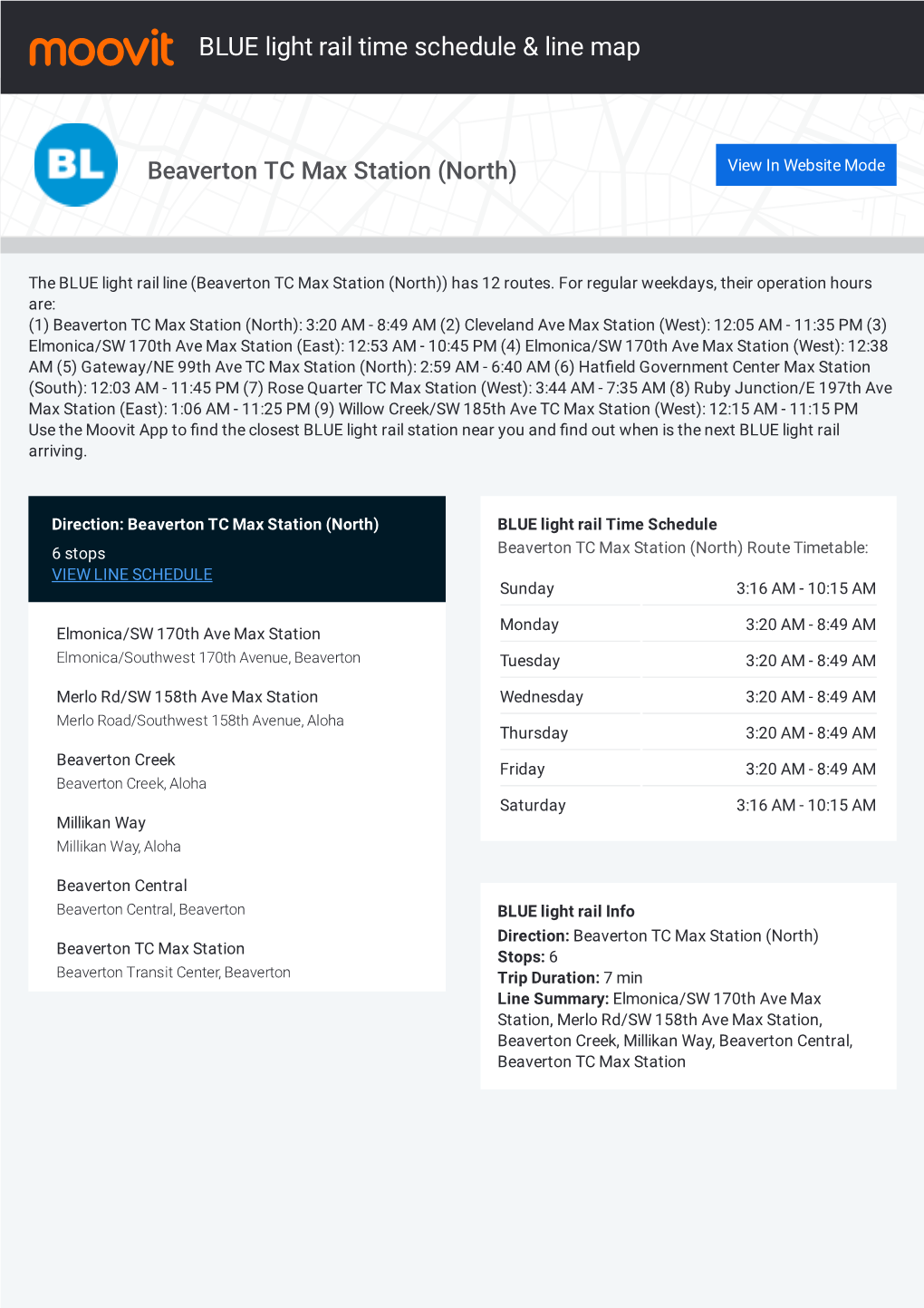 BLUE Light Rail Time Schedule & Line Route