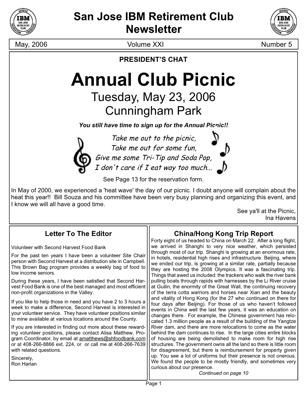 Annual Club Picnic Tuesday, May 23, 2006 Cunningham Park You Still Have Time to Sign up for the Annual Picnic!!