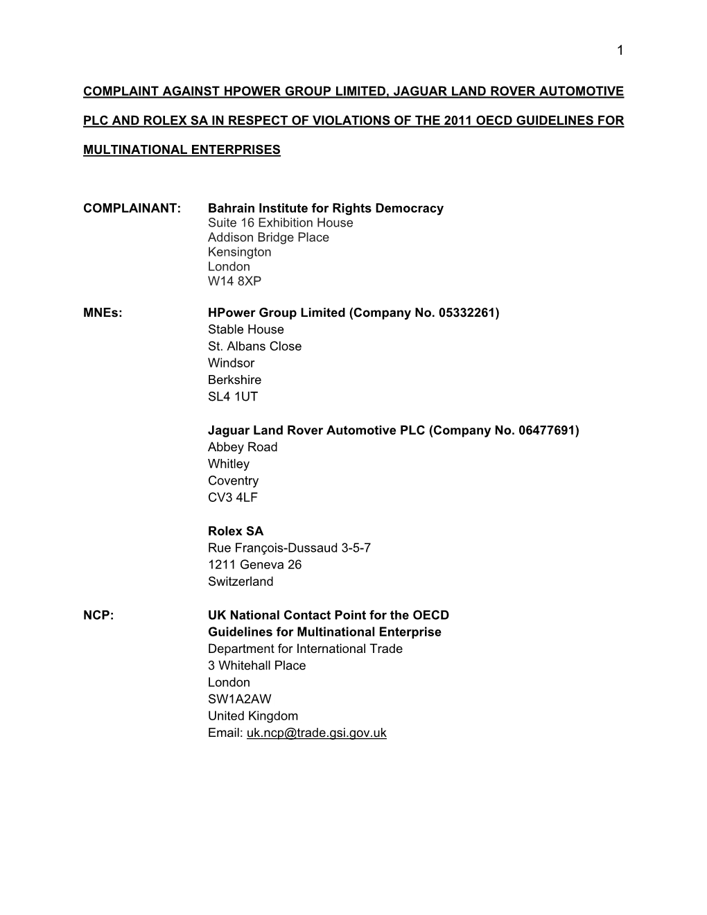 Complaint Against Hpower Group Limited, Jaguar Land Rover Automotive Plc and Rolex Sa in Respect of Violations of the 2011 Oecd