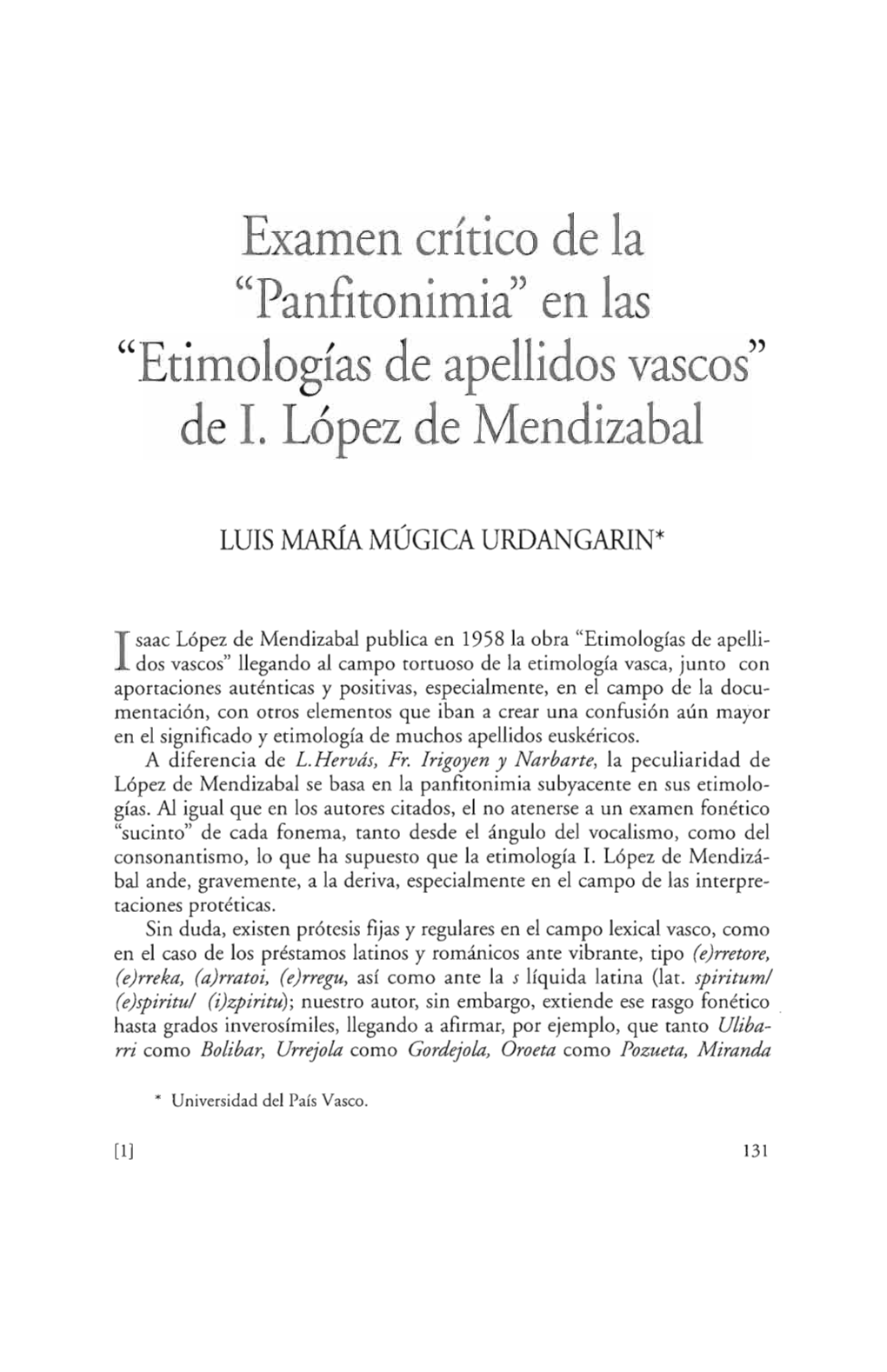 Examen Crítico De La "Panfitonimia En Las "Etimologías De Apellidos Vascos" De 1. López De Mendizabal