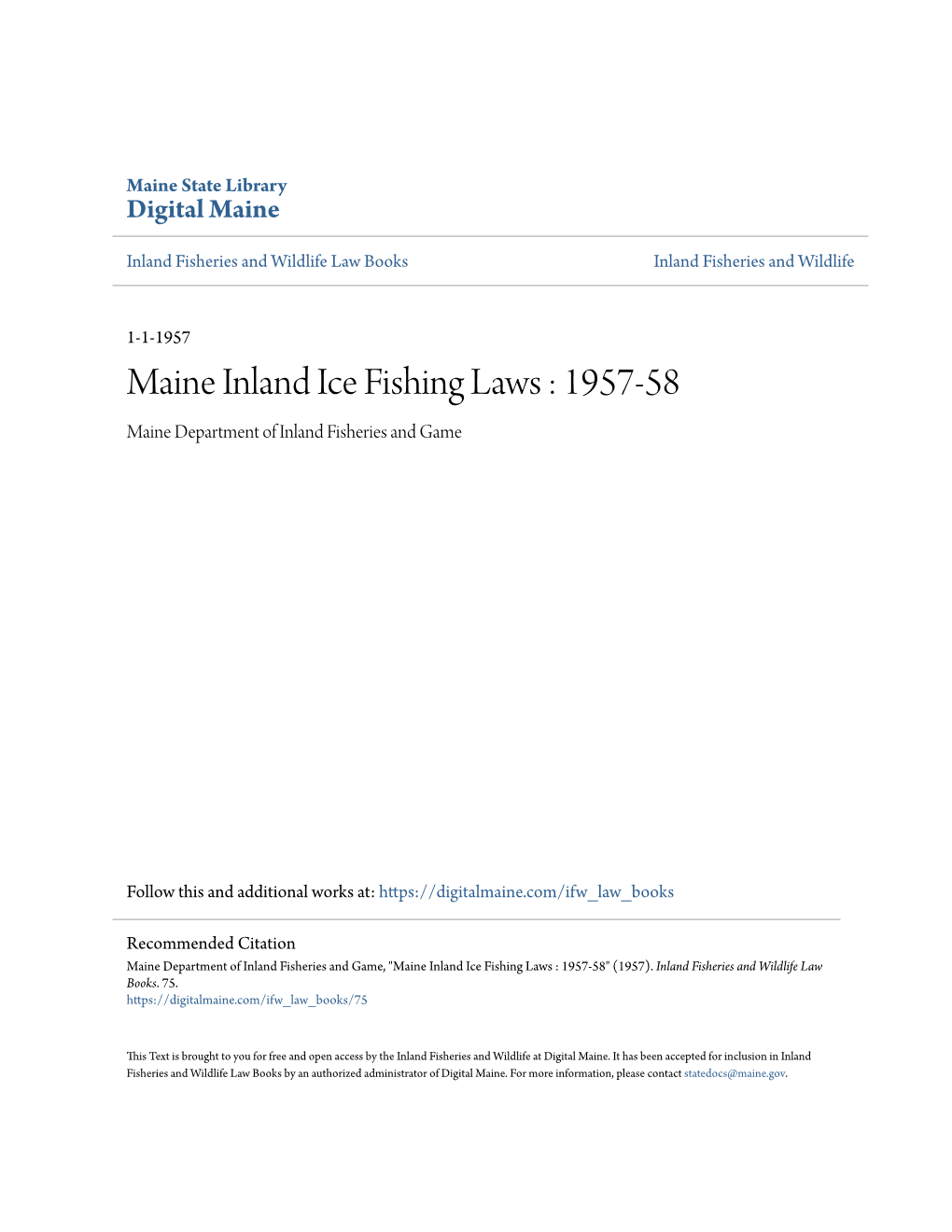 Maine Inland Ice Fishing Laws : 1957-58 Maine Department of Inland Fisheries and Game