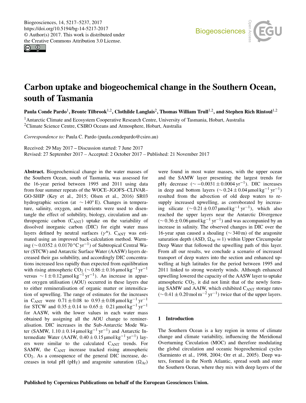 Carbon Uptake and Biogeochemical Change in the Southern Ocean, South of Tasmania