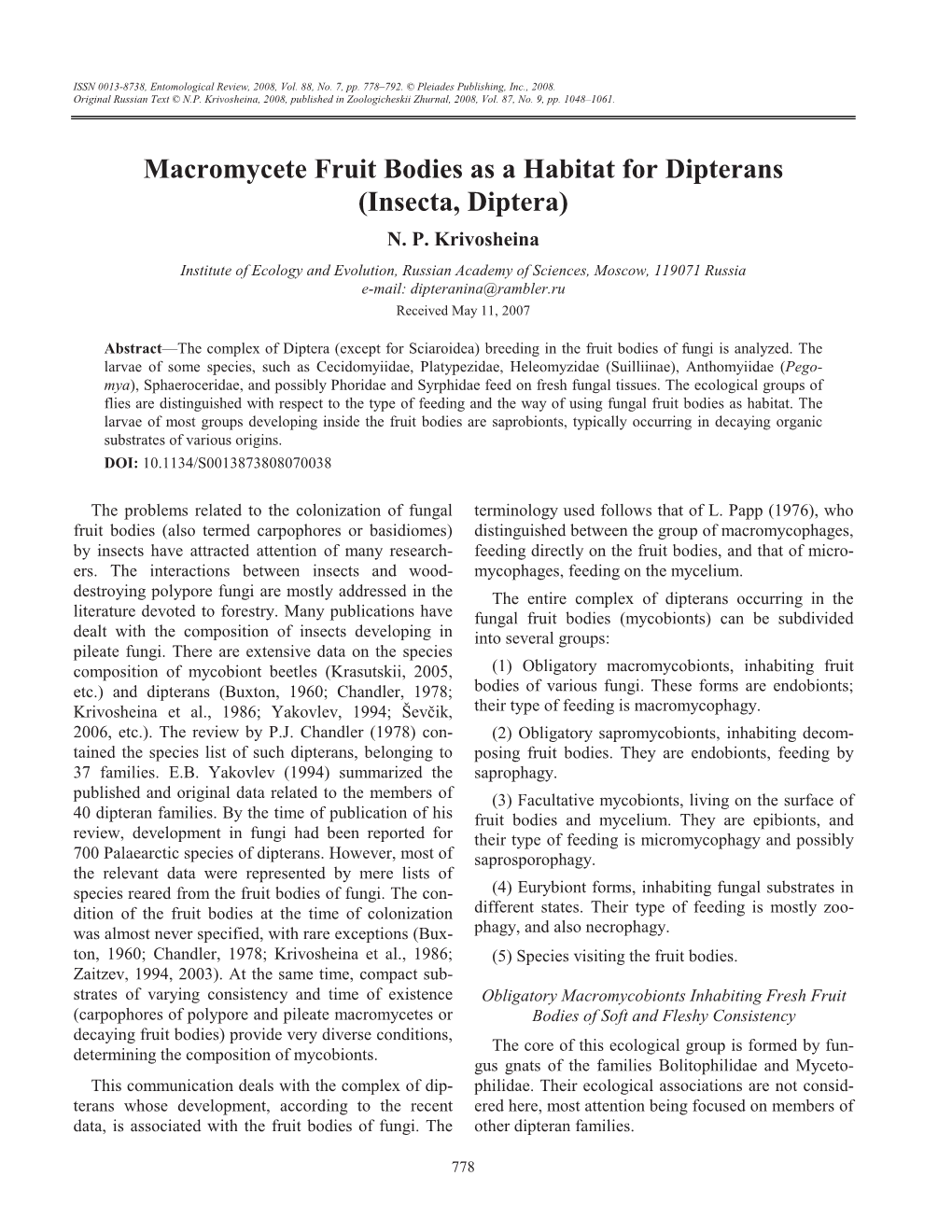 Macromycete Fruit Bodies As a Habitat for Dipterans (Insecta, Diptera) N