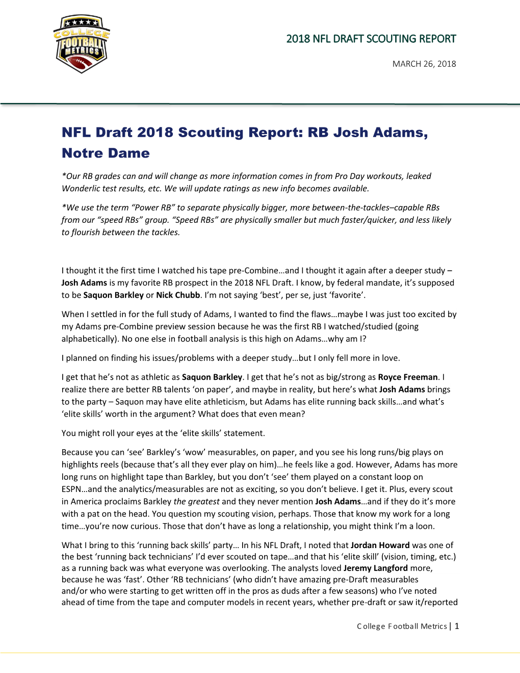 NFL Draft 2018 Scouting Report: RB Josh Adams, Notre Dame
