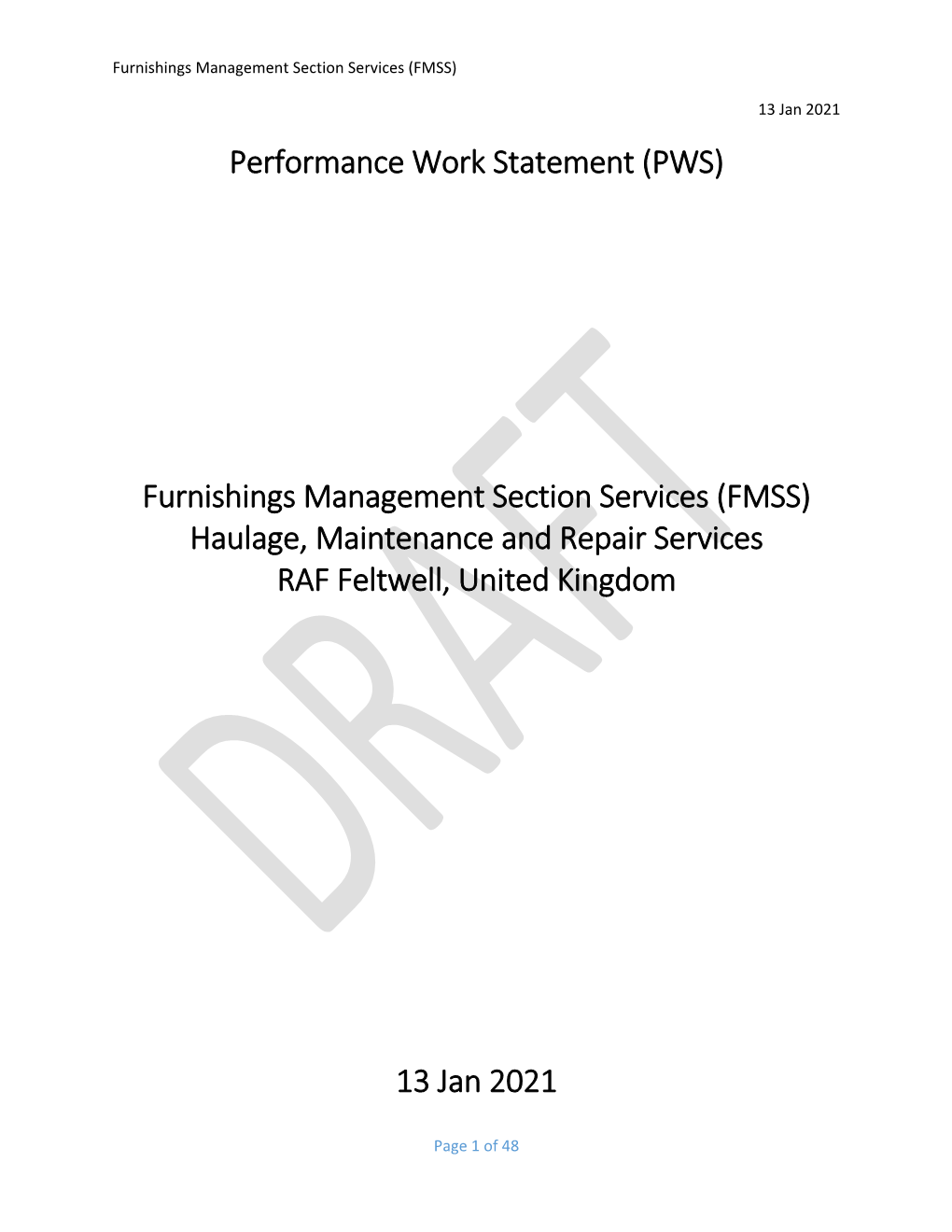 Performance Work Statement (PWS) Furnishings