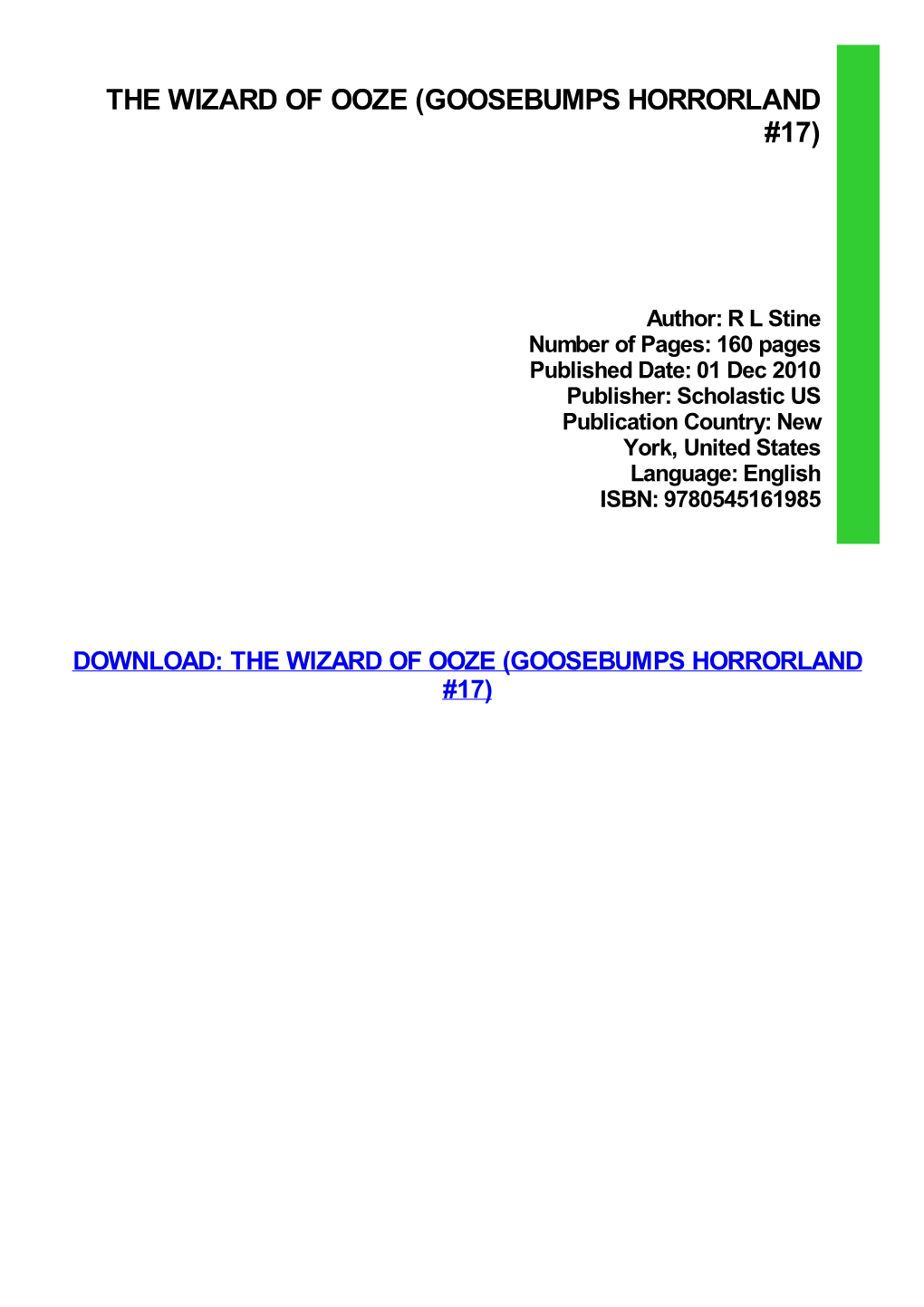 PDF Download the Wizard of Ooze (Goosebumps Horrorland #17)