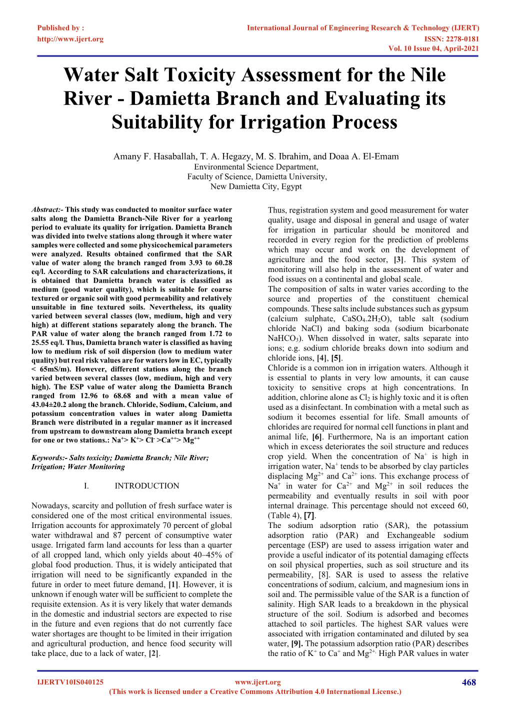 Water Salt Toxicity Assessment for the Nile River - Damietta Branch and Evaluating Its Suitability for Irrigation Process