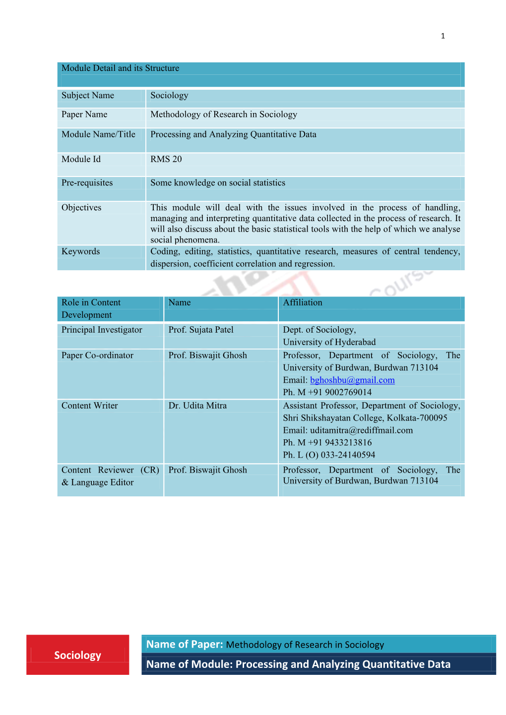 Sociology Name of Module: Processing and Analyzing Quantitative Data