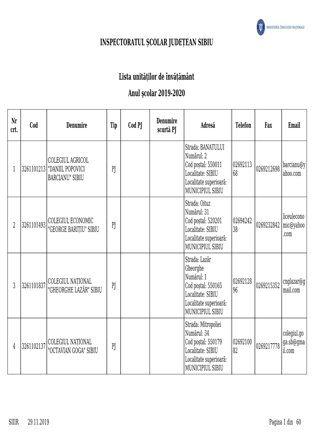 Lista Unităților De Învățământ INSPECTORATUL ȘCOLAR JUDEȚEAN SIBIU Anul Şcolar 2019-2020