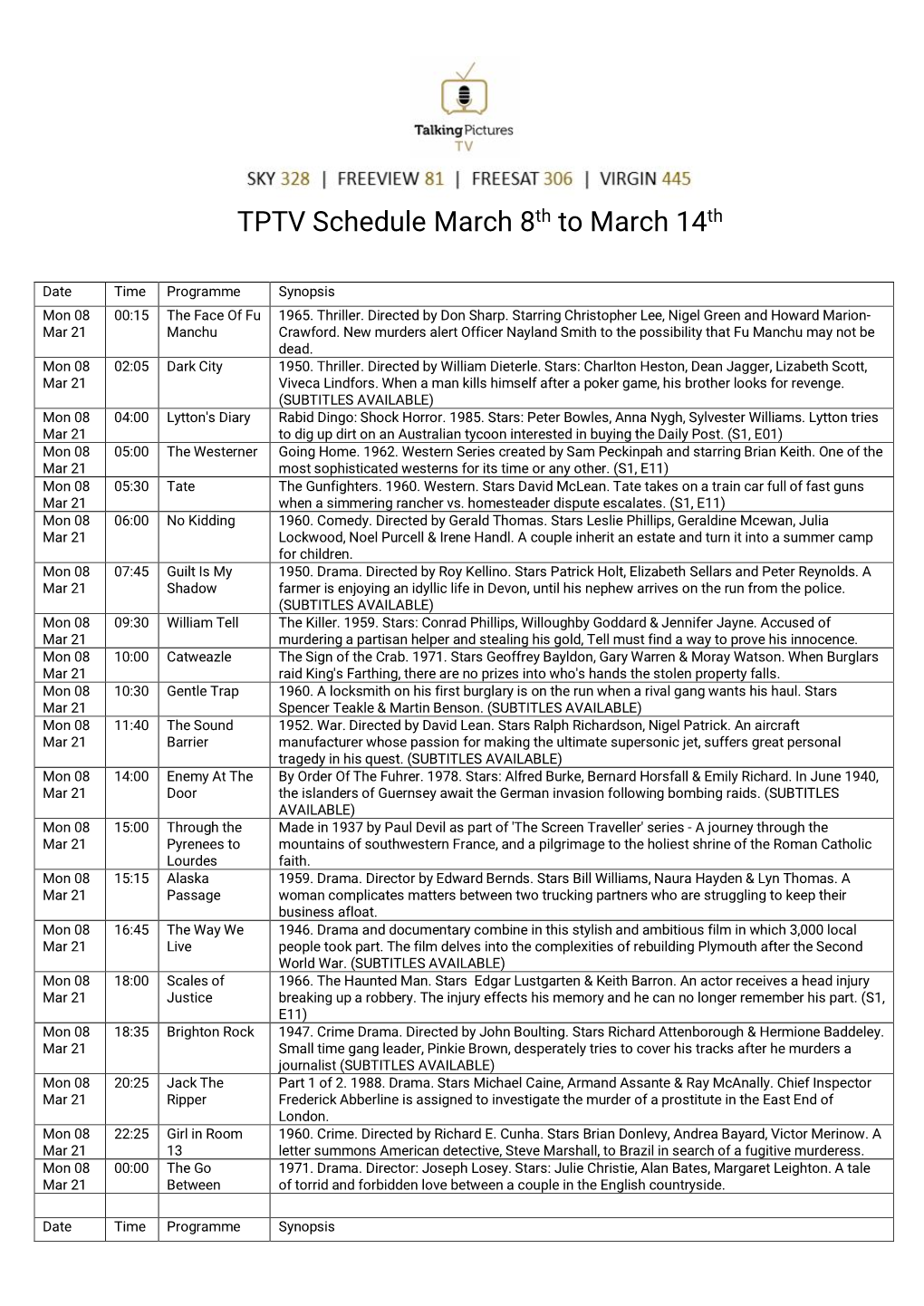 TPTV Schedule March 8Th to March 14Th