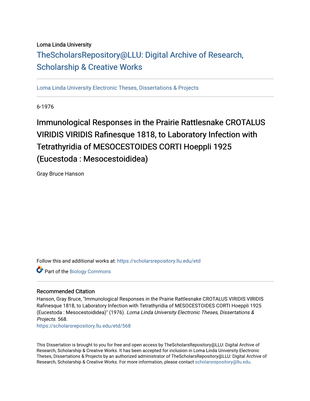 Immunological Responses in the Prairie Rattlesnake CROTALUS VIRIDIS VIRIDIS Rafinesque 1818, to Laboratory Infection with Tetrat