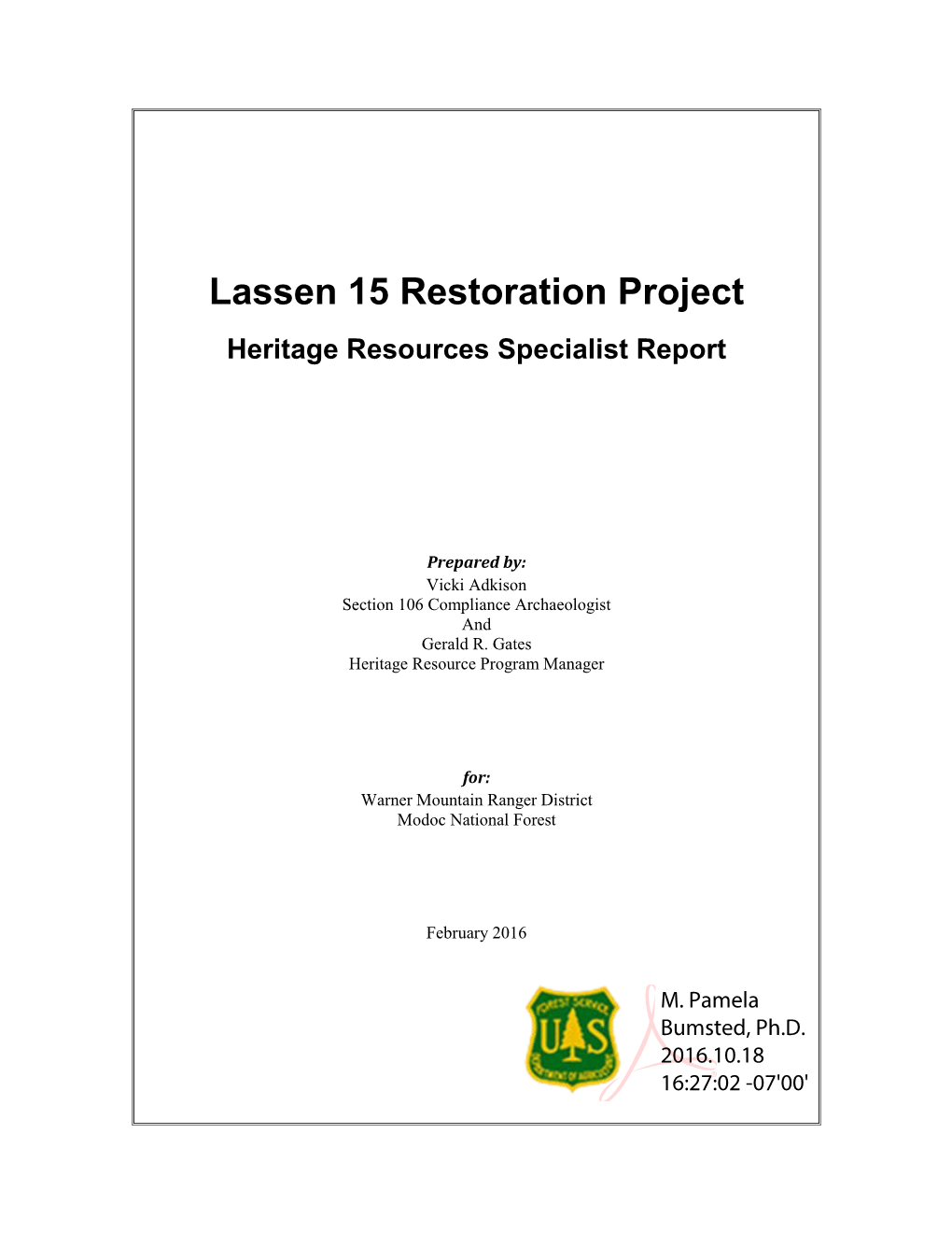 Lassen 15 Restoration Project Heritage Resources Specialist Report