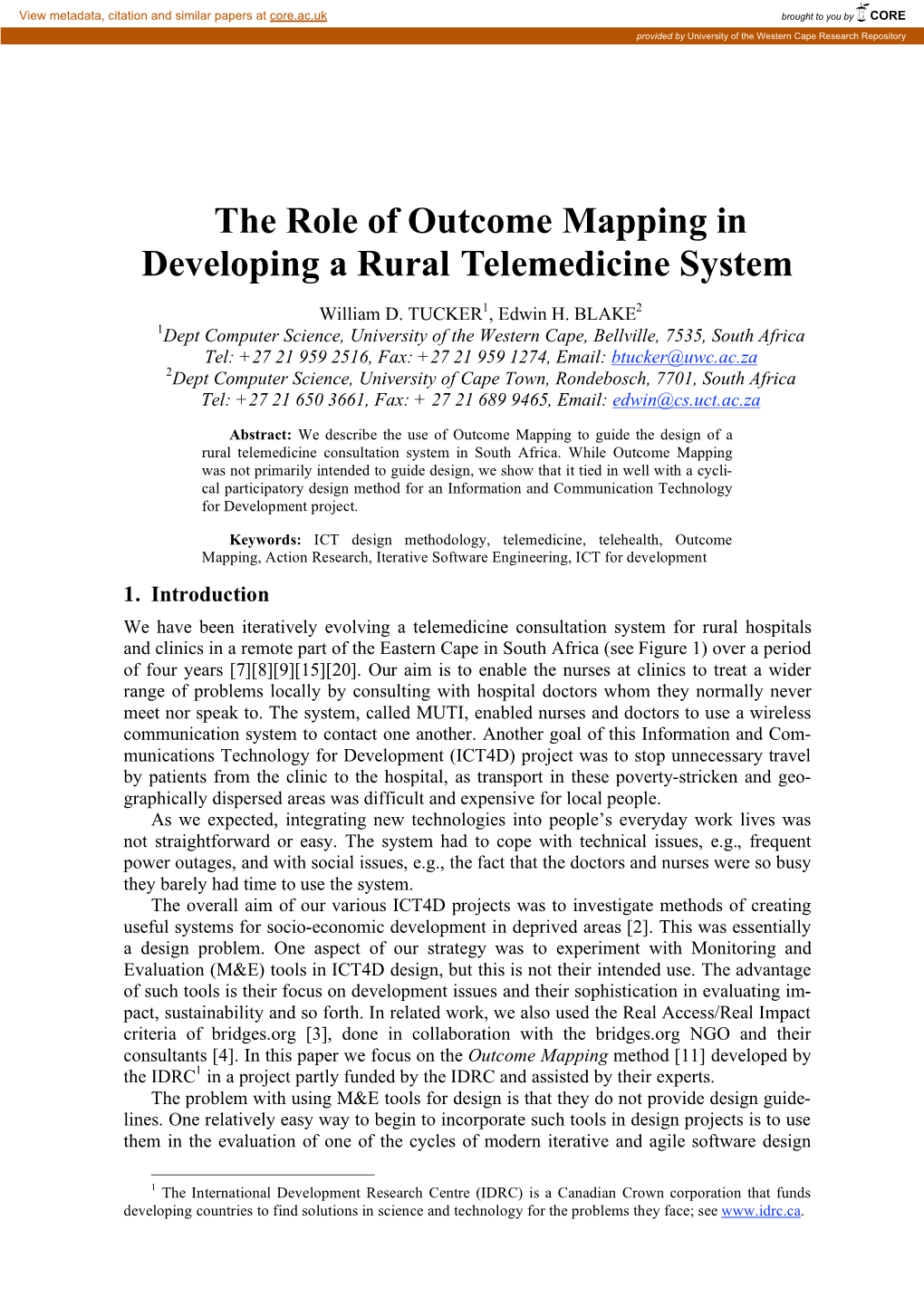 The Role of Outcome Mapping in Developing a Rural Telemedicine System