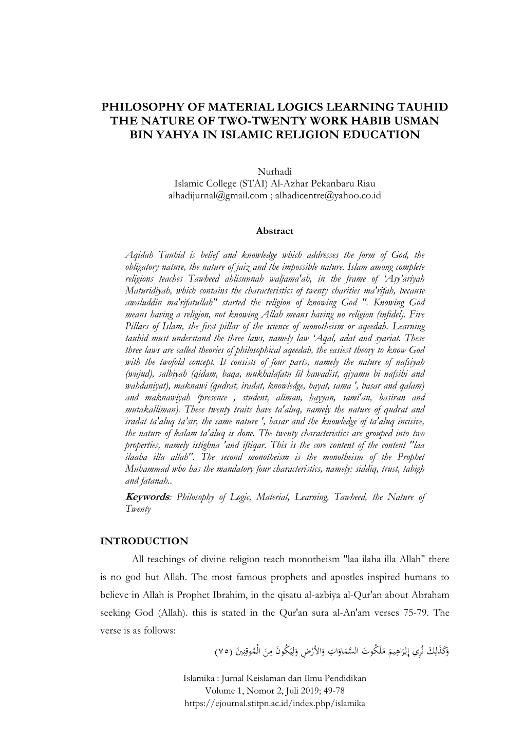 Philosophy of Material Logics Learning Tauhid the Nature of Two-Twenty Work Habib Usman Bin Yahya in Islamic Religion Education