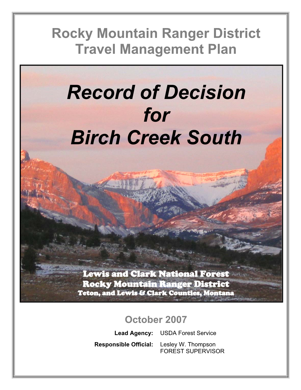 Rocky Mountain Ranger District Travel Management Plan