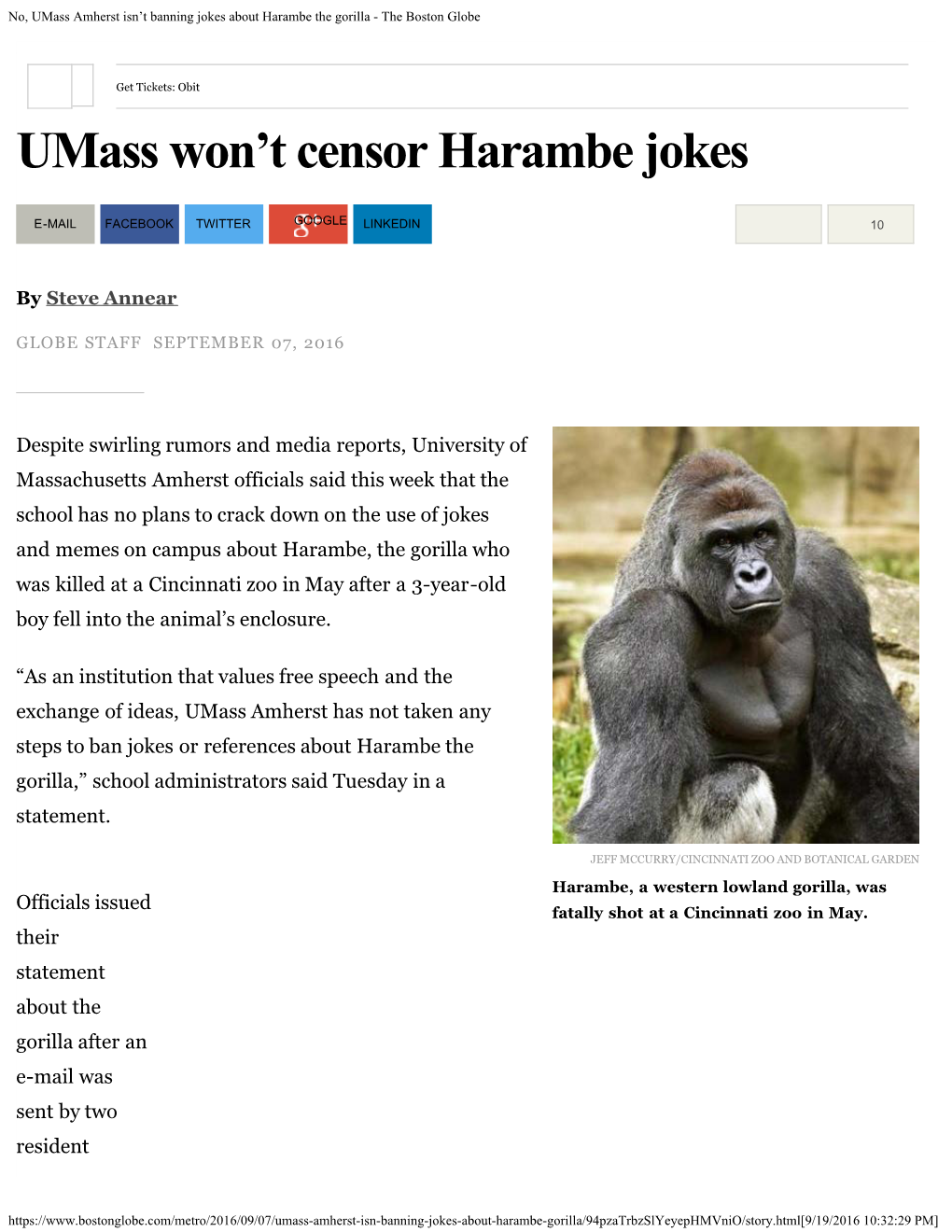 No, Umass Amherst Isn't Banning Jokes About Harambe the Gorilla