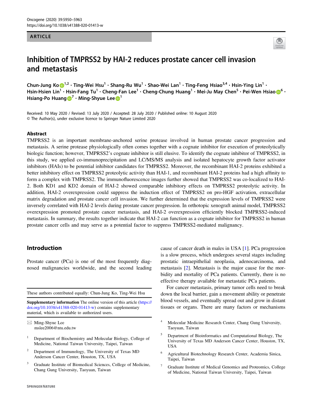 Inhibition of TMPRSS2 by HAI-2 Reduces Prostate Cancer Cell Invasion and Metastasis