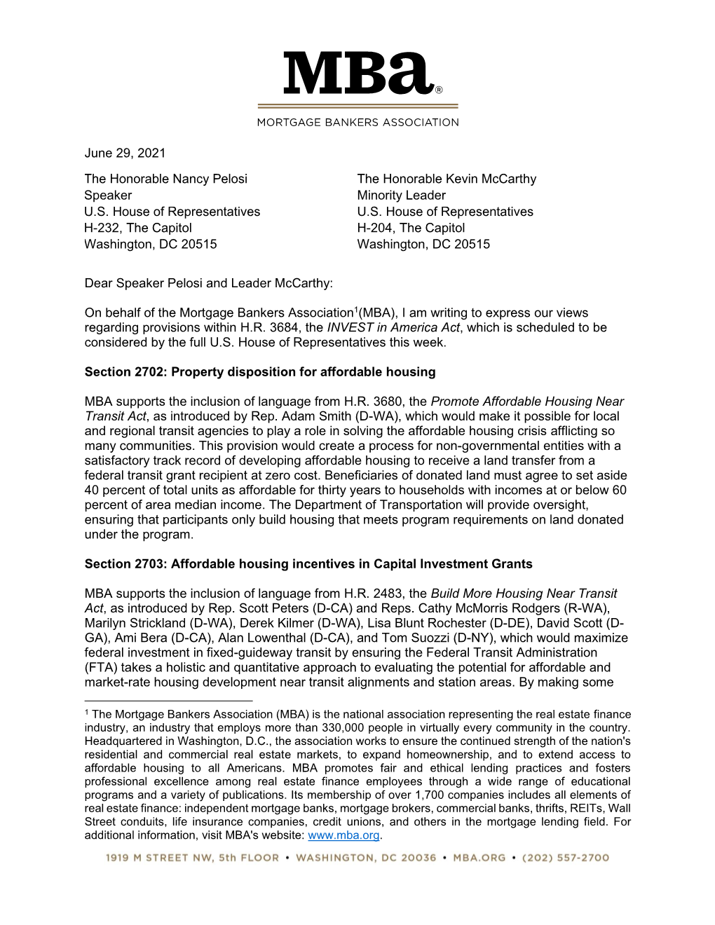 MBA Letter to House on H.R. 3684