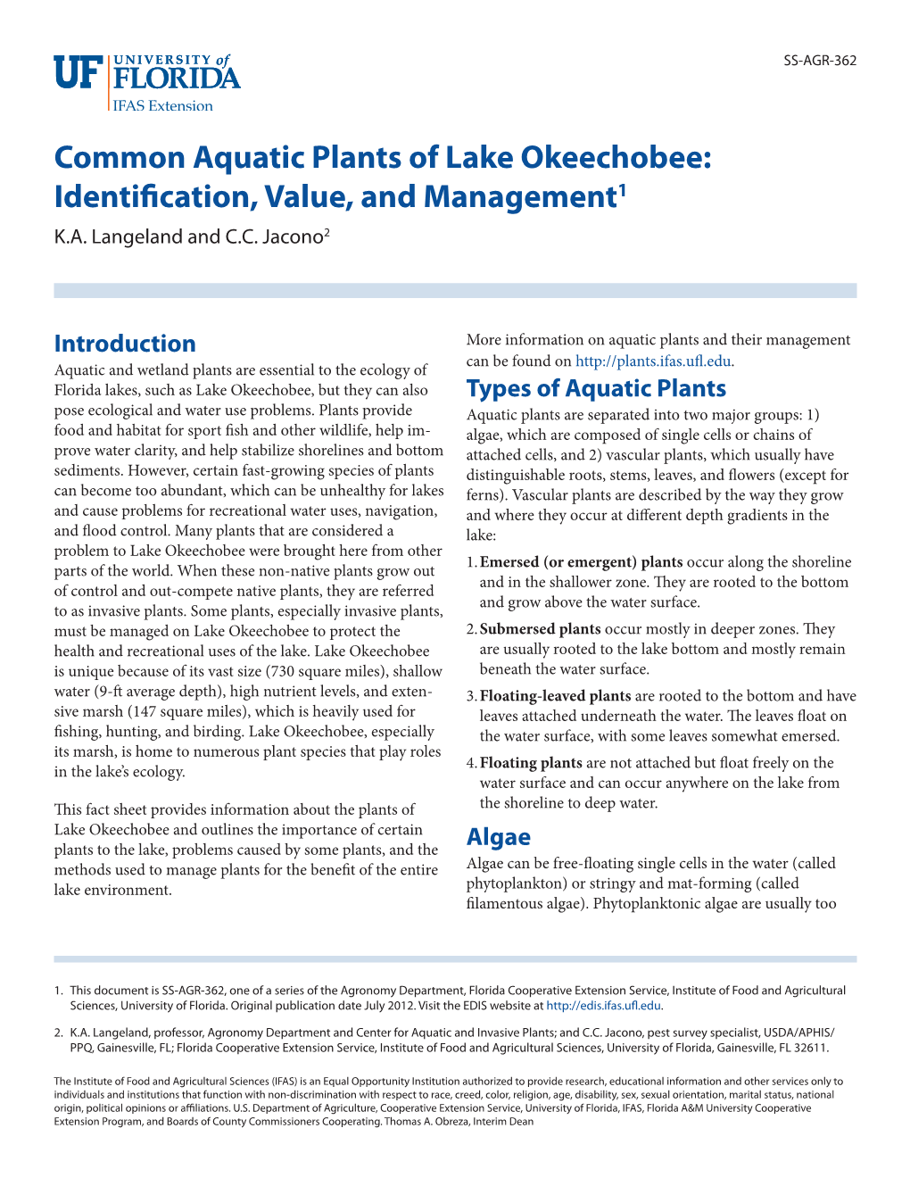 Common Aquatic Plants of Lake Okeechobee: Identification, Value, and Management1 K.A