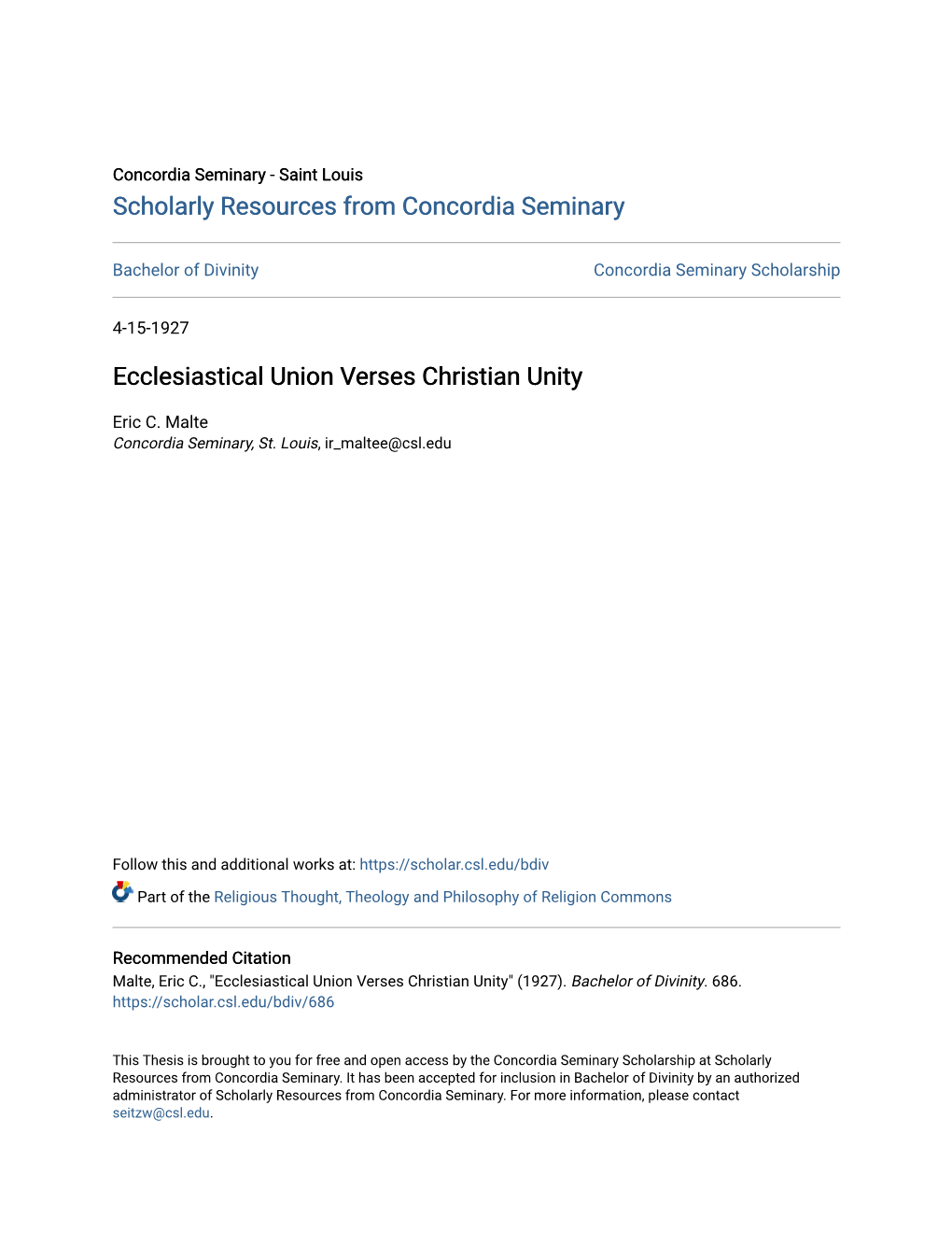 Ecclesiastical Union Verses Christian Unity