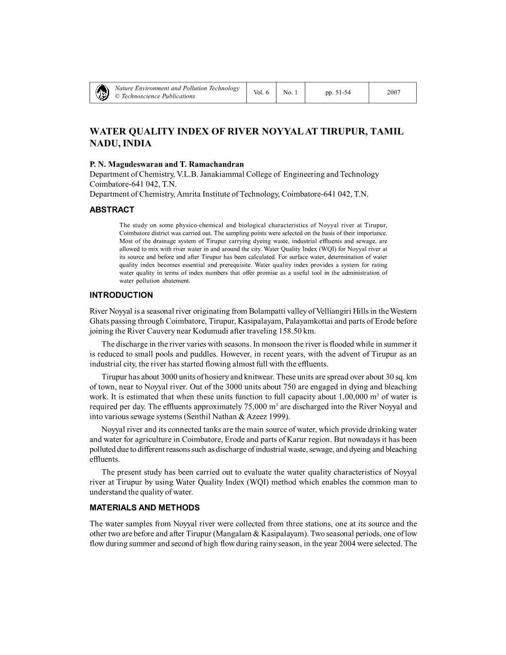 Water Quality Index of River Noyyal at Tirupur, Tamil Nadu, India