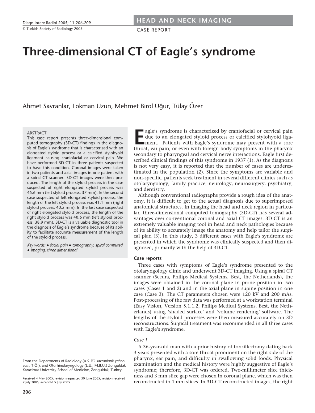 Three-Dimensional CT of Eagle's Syndrome