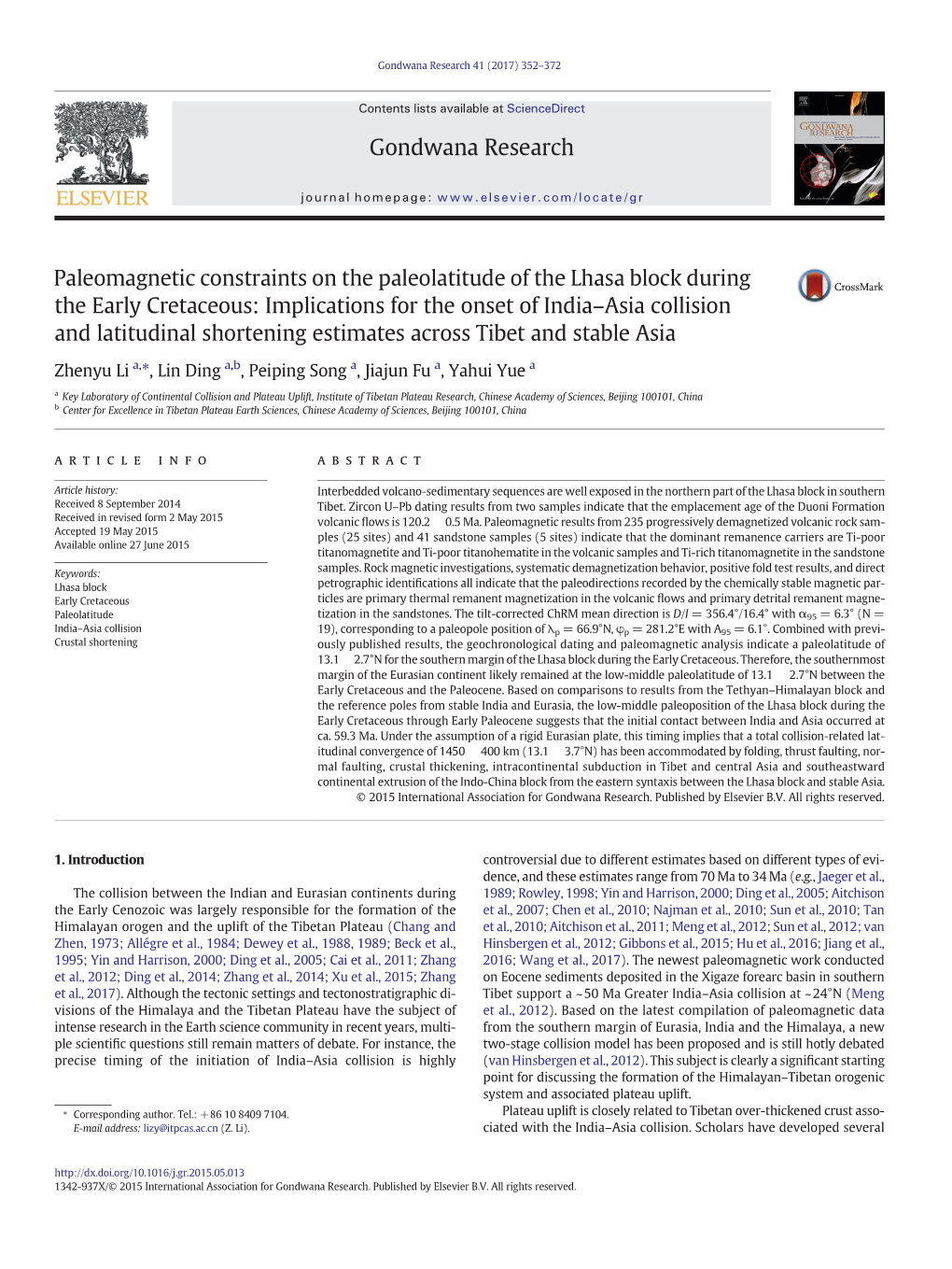 Paleomagnetic Constraints on the Paleolatitude of the Lhasa Block