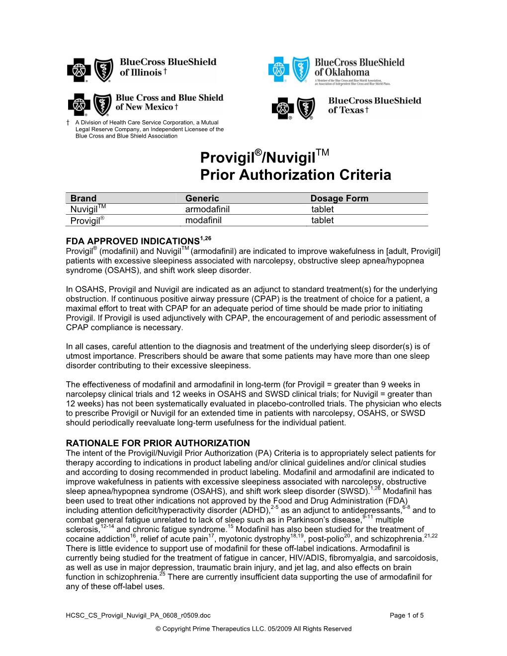 Provigil®/Nuvigiltm Prior Authorization Criteria