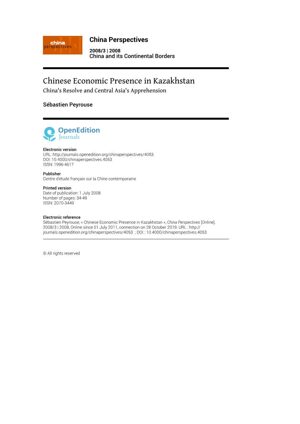 Chinese Economic Presence in Kazakhstan China's Resolve and Central Asia's Apprehension