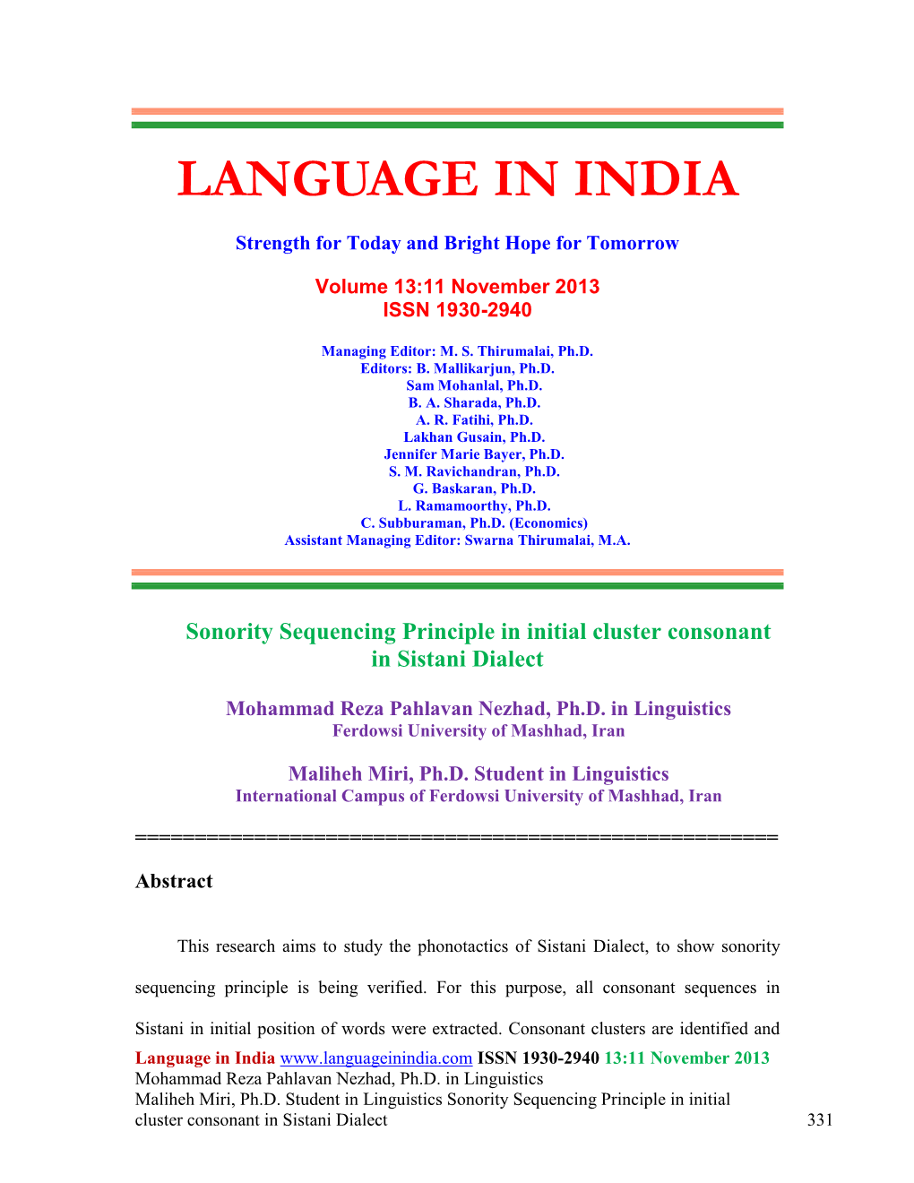 Sonority Sequencing Principle in Initial Cluster Consonant in Sistani Dialect