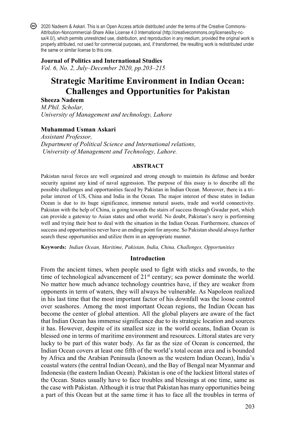 Strategic Maritime Environment in Indian Ocean: Challenges and Opportunities for Pakistan Sheeza Nadeem M.Phil