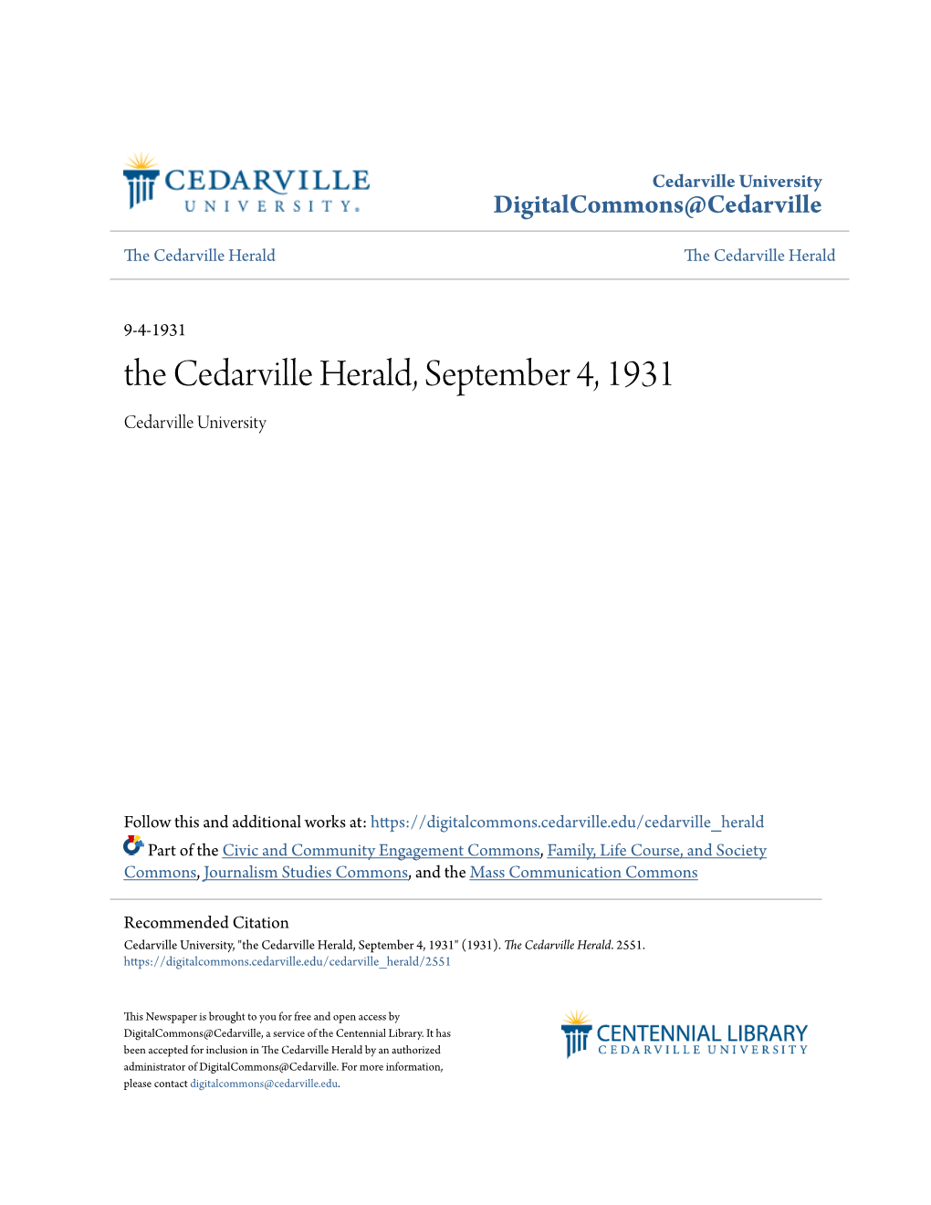 The Cedarville Herald, September 4, 1931 Cedarville University
