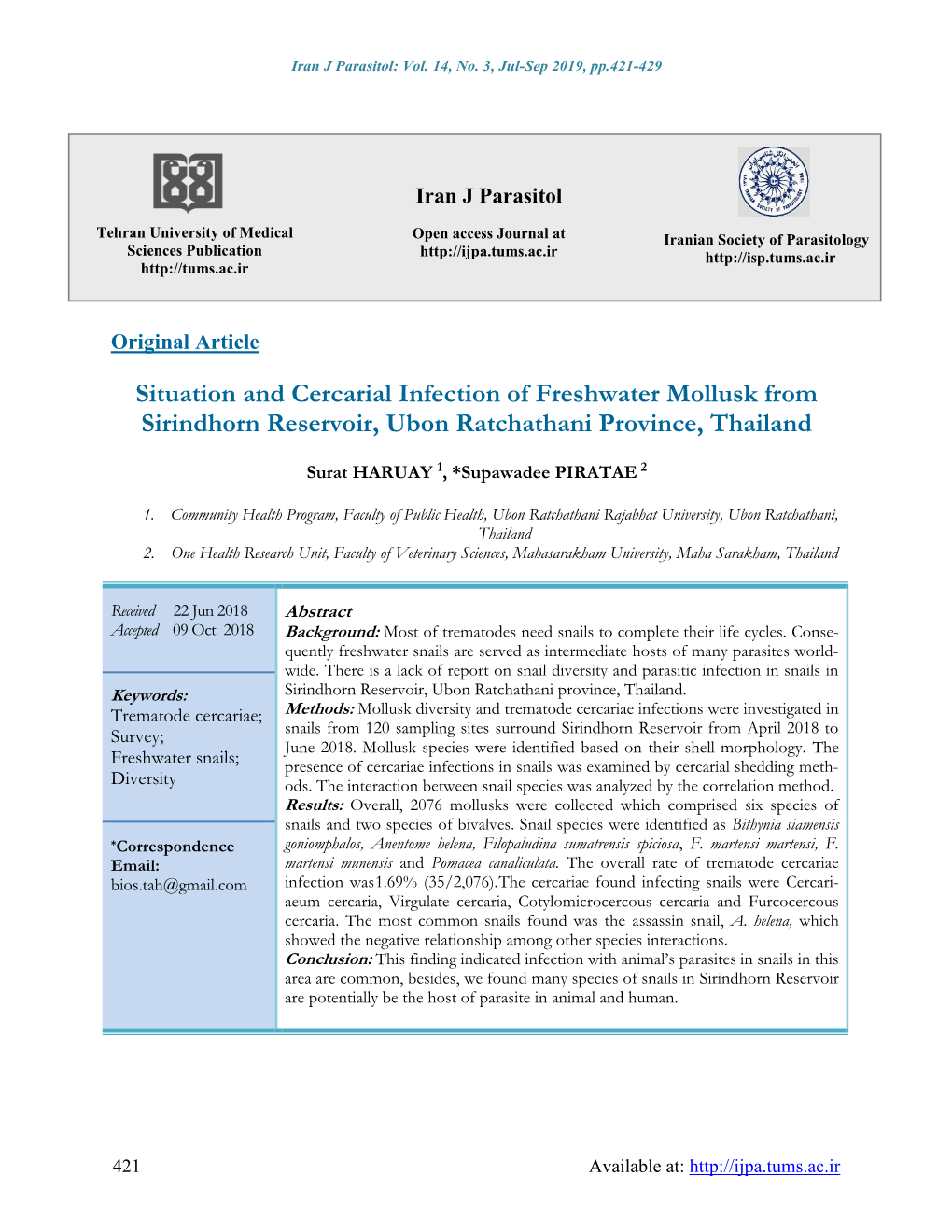 Situation and Cercarial Infection of Freshwater Mollusk from Sirindhorn Reservoir, Ubon Ratchathani Province, Thailand
