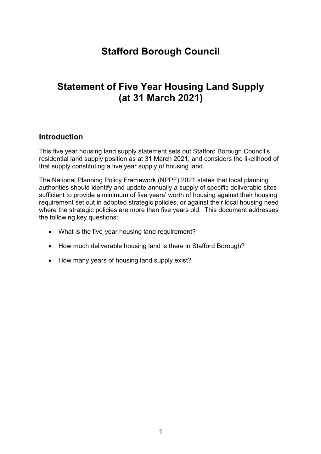 5 Year Housing Land Supply Statement 31 March 2021