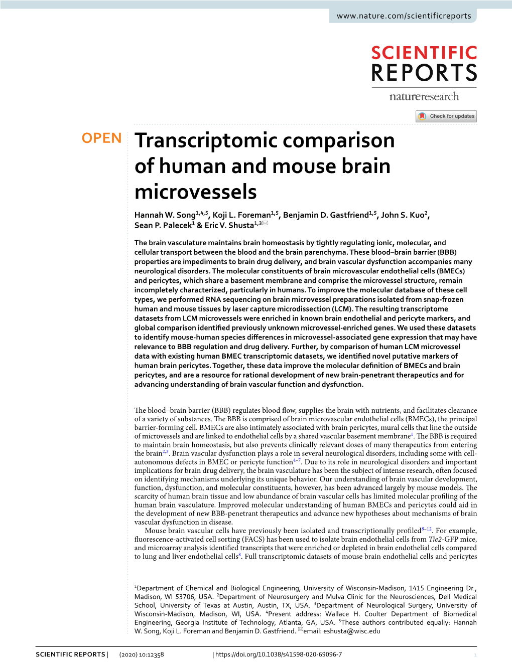 Transcriptomic Comparison of Human and Mouse Brain Microvessels Hannah W