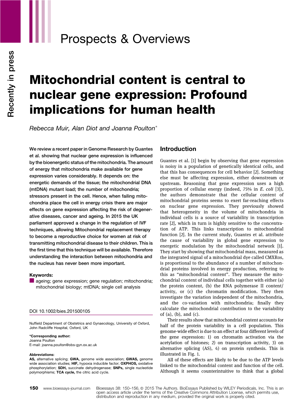 Mitochondrial Content Is Central to Nuclear Gene Expression: Profound Implications for Human Health Recently in Press