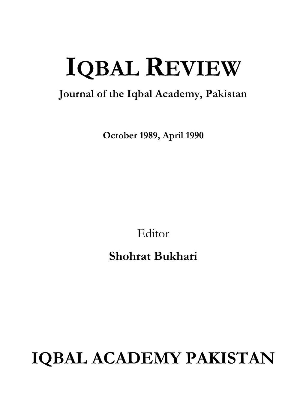 IQBAL REVIEW Journal of the Iqbal Academy, Pakistan