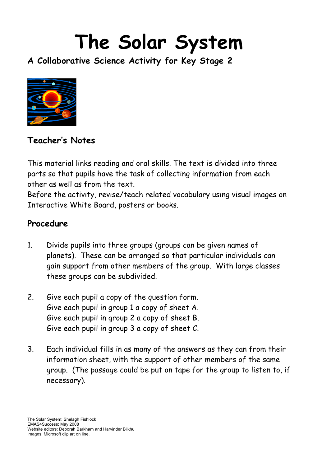 The Solar System a Collaborative Science Activity for Key Stage 2