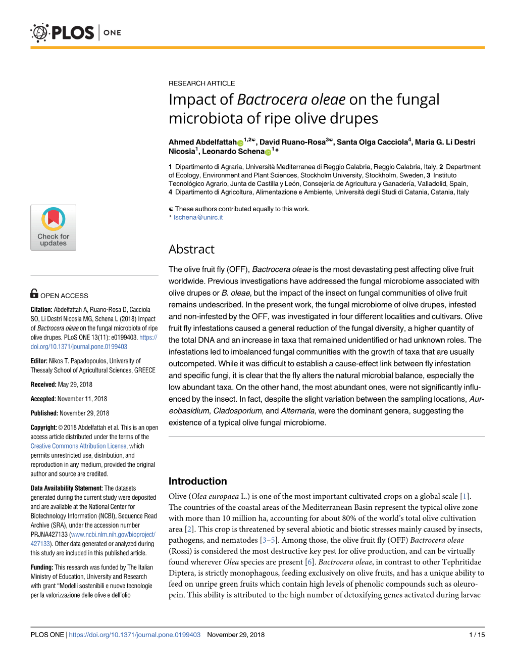 Impact of Bactrocera Oleae on the Fungal Microbiota of Ripe Olive Drupes